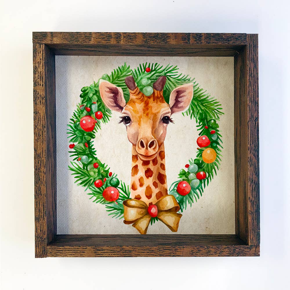 Christmas Wreath Giraffe - Cute Holiday Animal - Framed Art