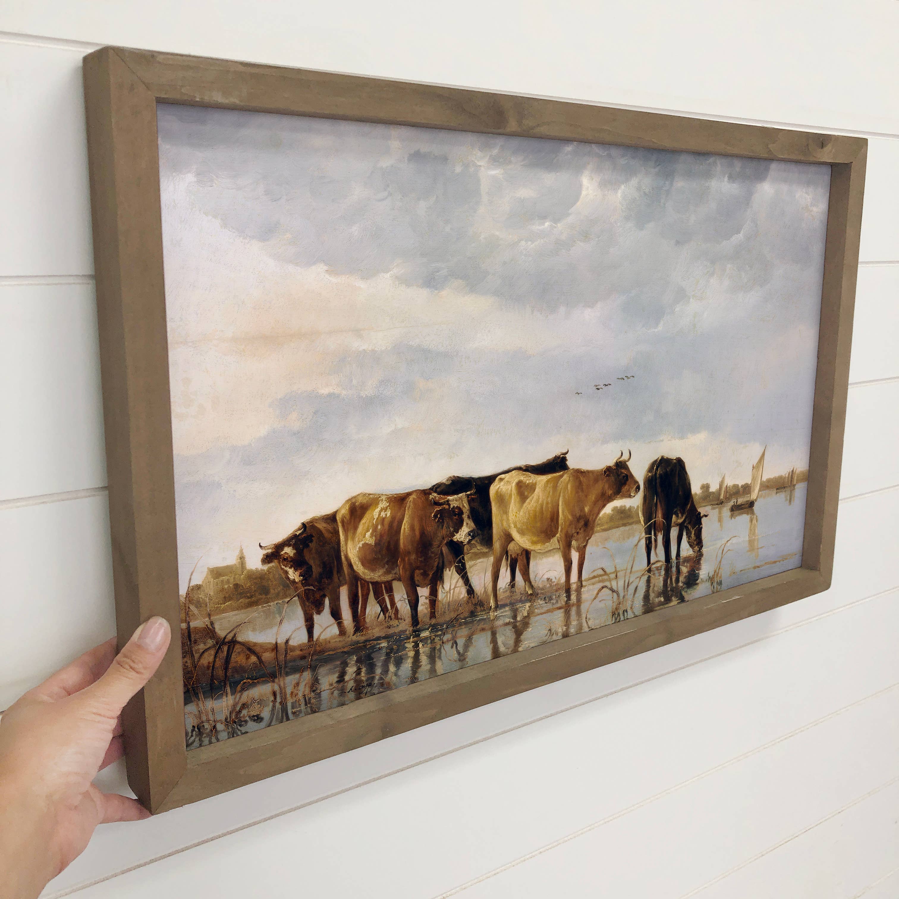 Vintage Cows in River Painting Canvas Print with Wood Frame