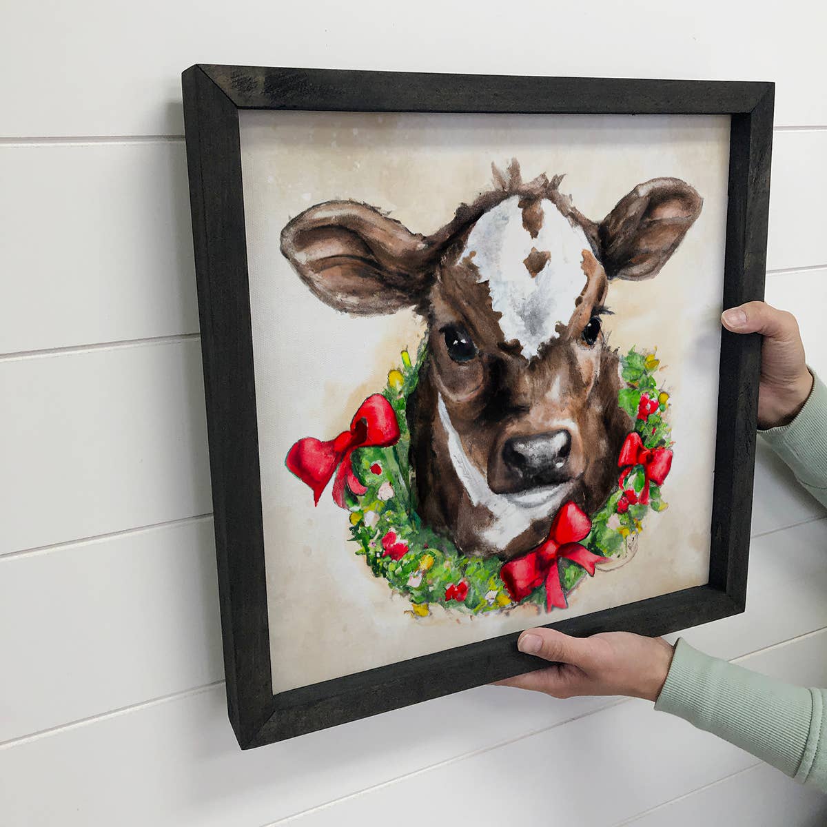 Cow in Christmas Wreath Holiday Farmhouse Small Shelf Decor