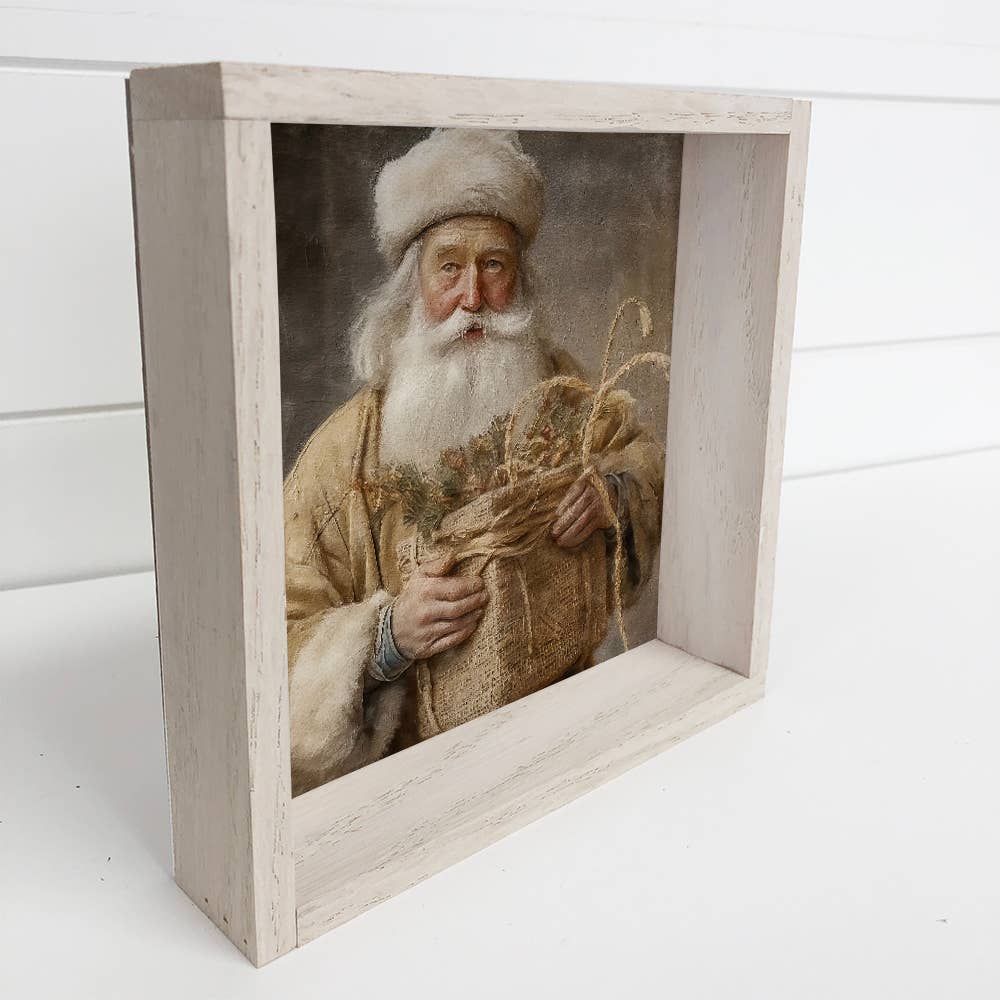 Vintage Santa Gift Basket - Holiday Canvas Art - Wood Framed