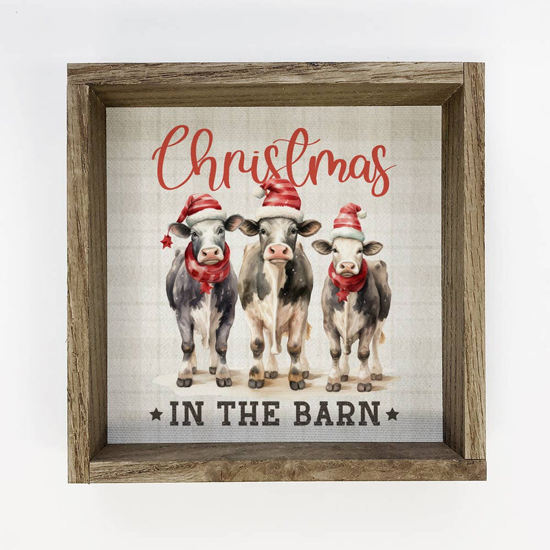 Christmas in the Barn - Framed Holiday Canvas Art - Cow Art