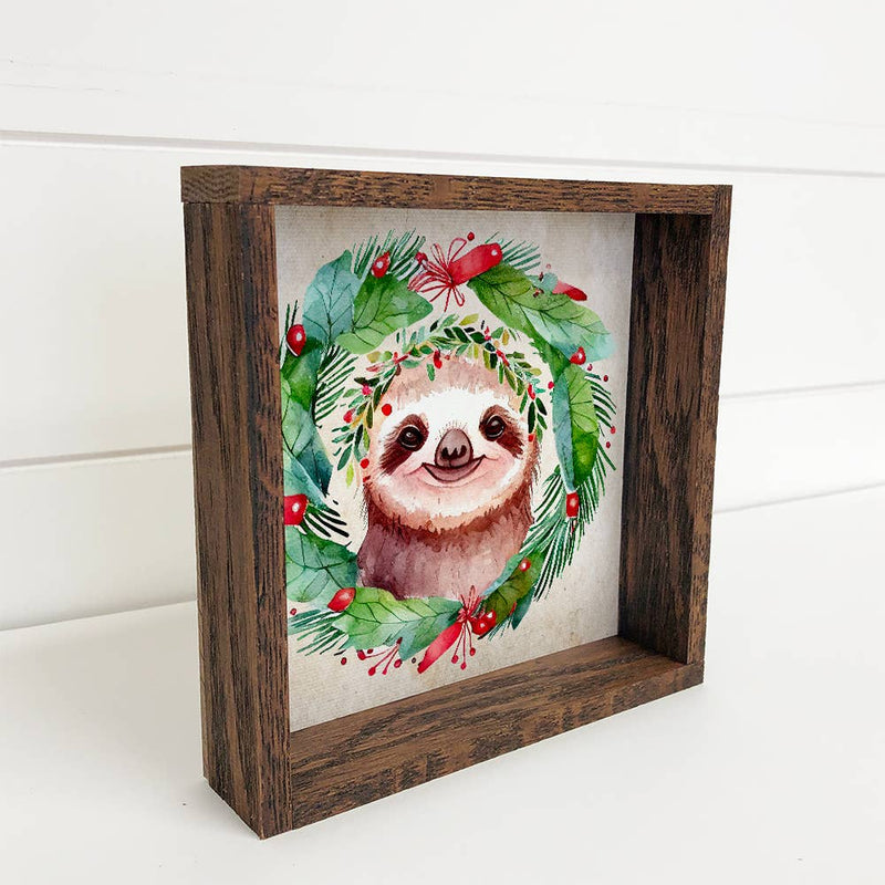 Christmas Wreath Sloth - Cute Holiday Animal - Framed Decor