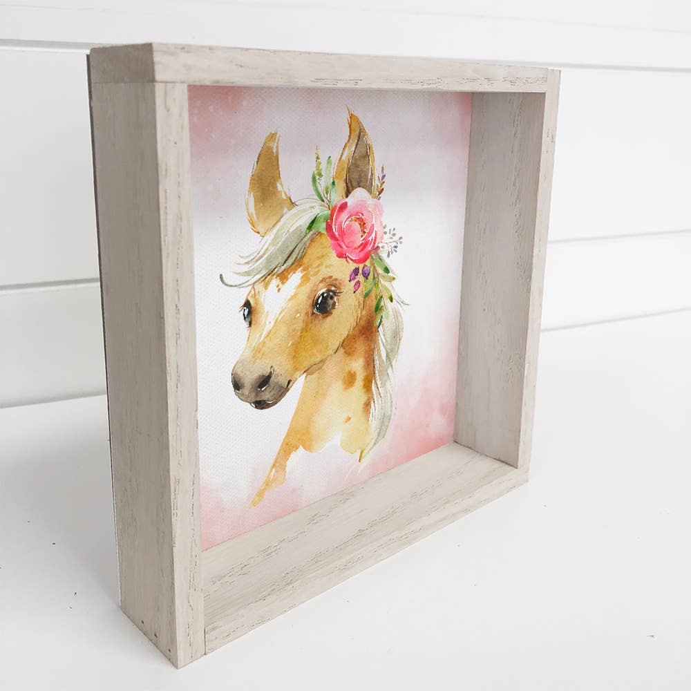 Little Girl Horse Watercolor Small Whitewash Framed Decor