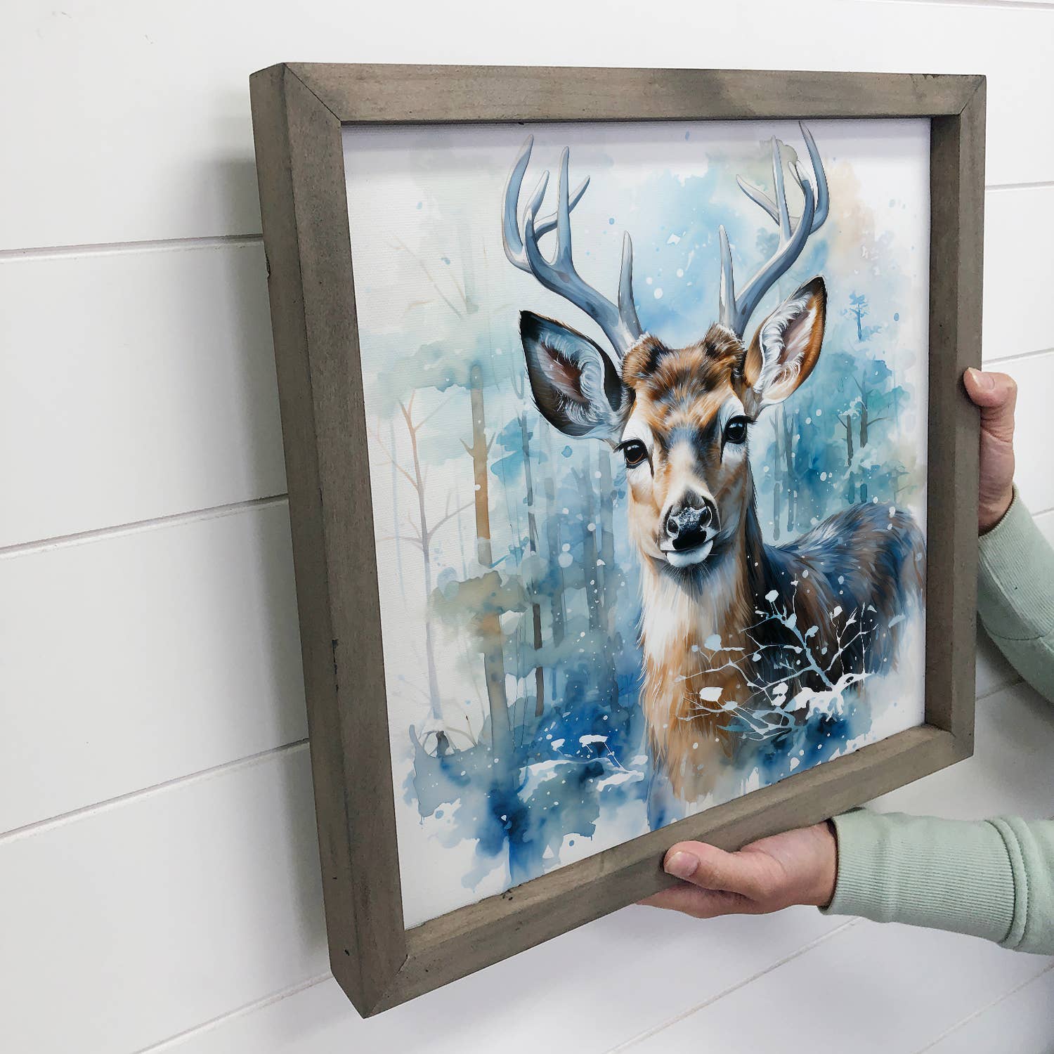 Winter Watercolor Deer Blue - Deer Canvas Art - Wood Framed