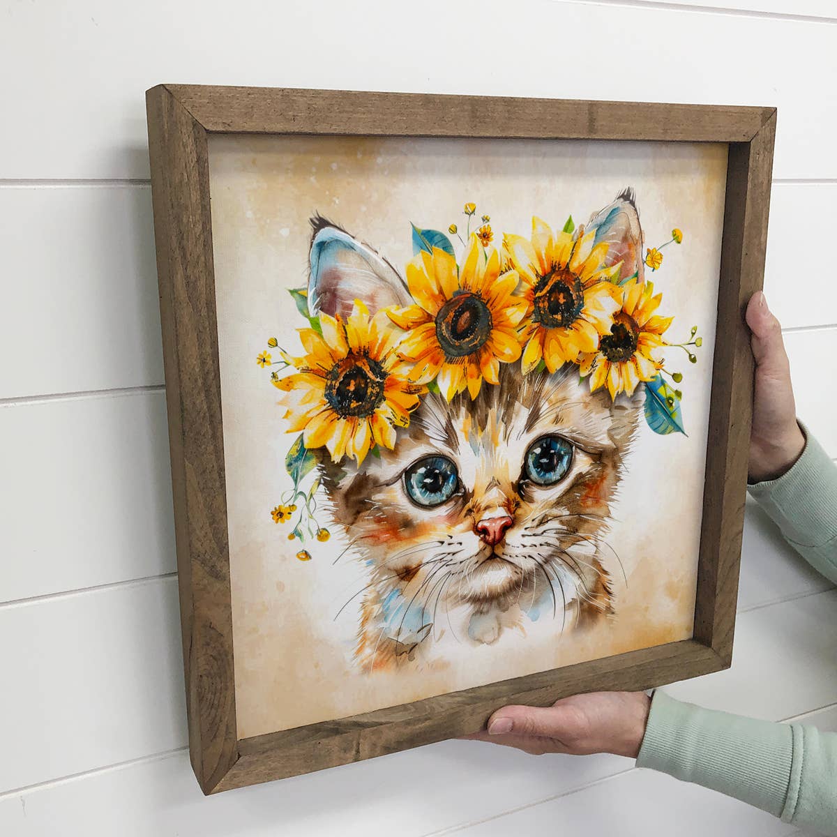 Cat with Sunflower Crown - Cat Canvas Wall Art - Wood Framed