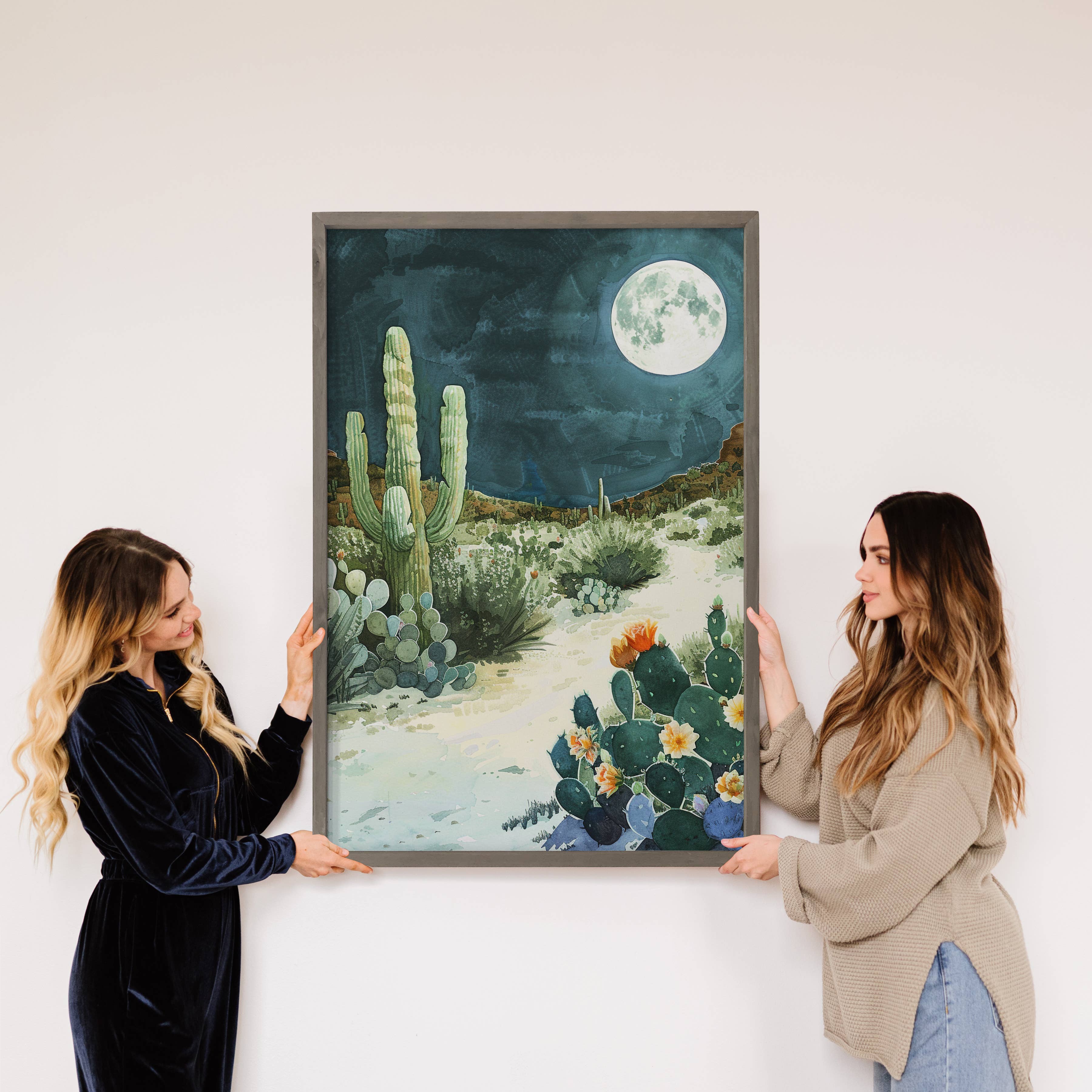 Moonlight Cactus Desert - Desert Canvas Art - Wood Framed