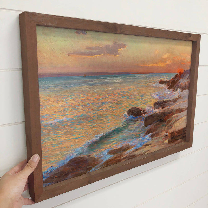 Gleaming Sunset Shore - Shoreline Canvas Art - Wood Framed