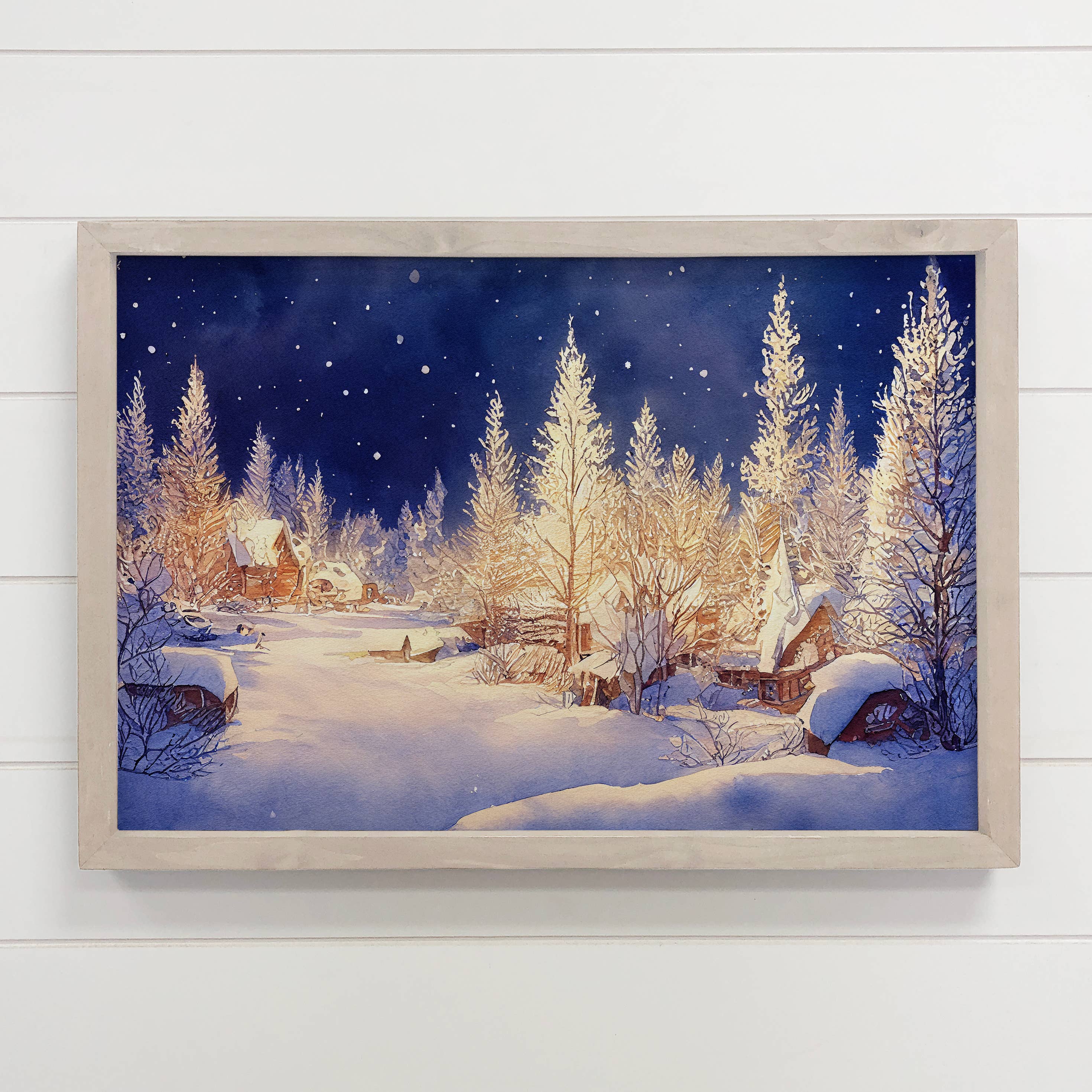 Winter Night Painting - Framed Nature Wall Art - Cabin Decor