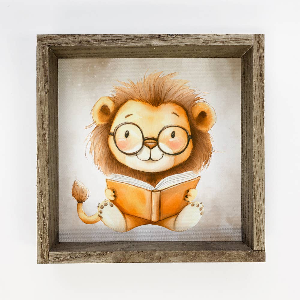 Lion Reading Book - Cute Lion Canvas Art - Wood Framed Art