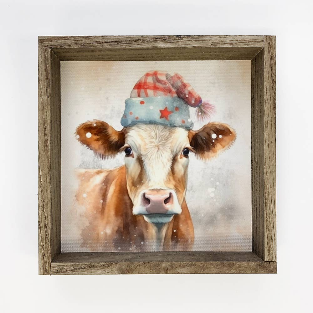 Cow with Red Knit Hat - Cute Framed Animal Wall Art - Decor