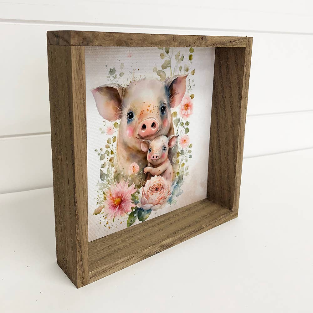 Mama and Baby Pig Watercolor Flowers Canvas & Wood Sign Art