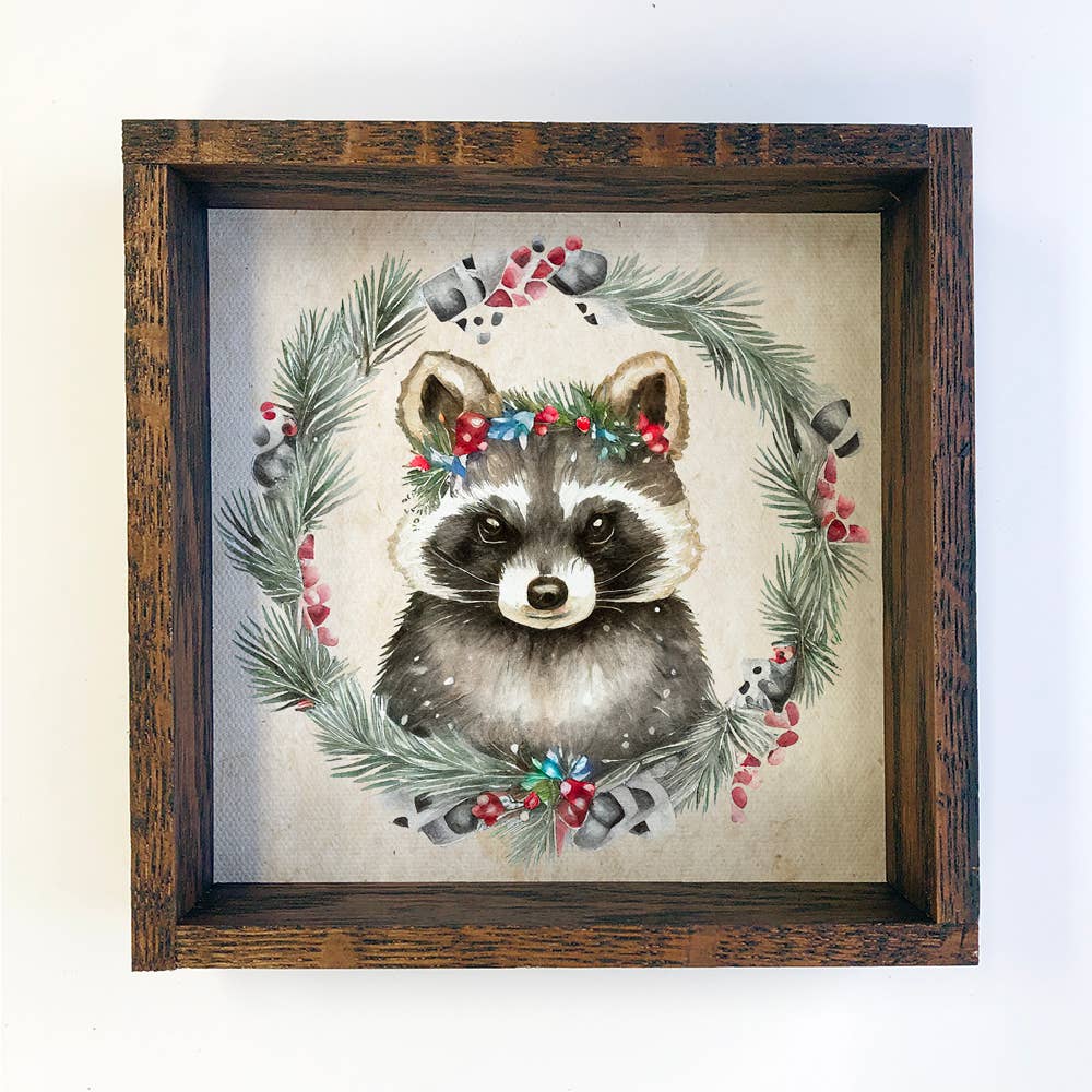 Christmas Wreath Racoon - Cute Holiday Animal - Framed Decor