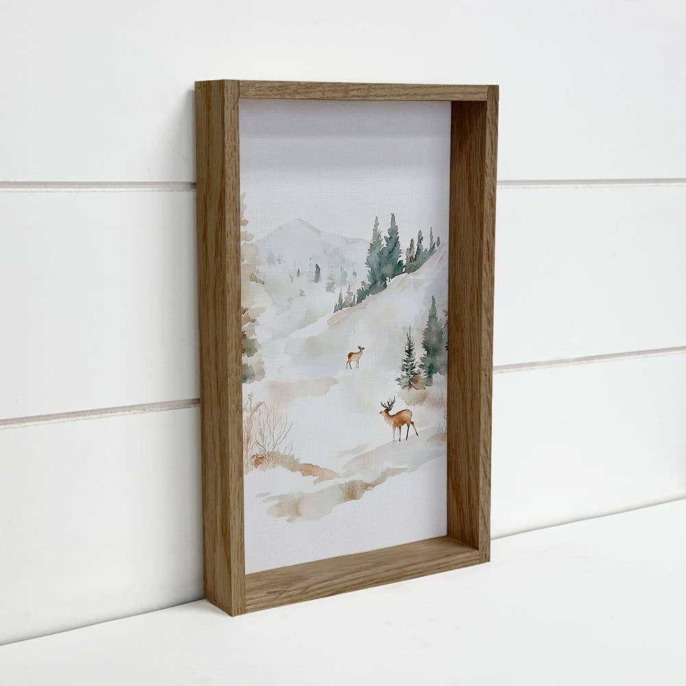 Winter Snow White Deer - Winter Canvas Art - Wood Framed Art