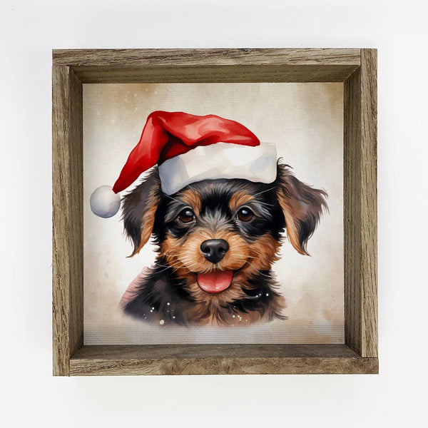 Yorkie Mix Puppy Santa Hat - Cute Framed Holiday Animal Art