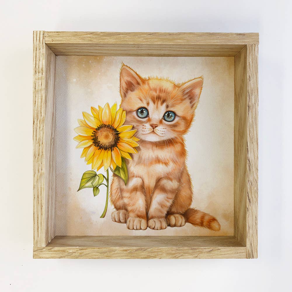 Yellow Cat and Yellow Sunflower - Cat Canvas Art - Framed