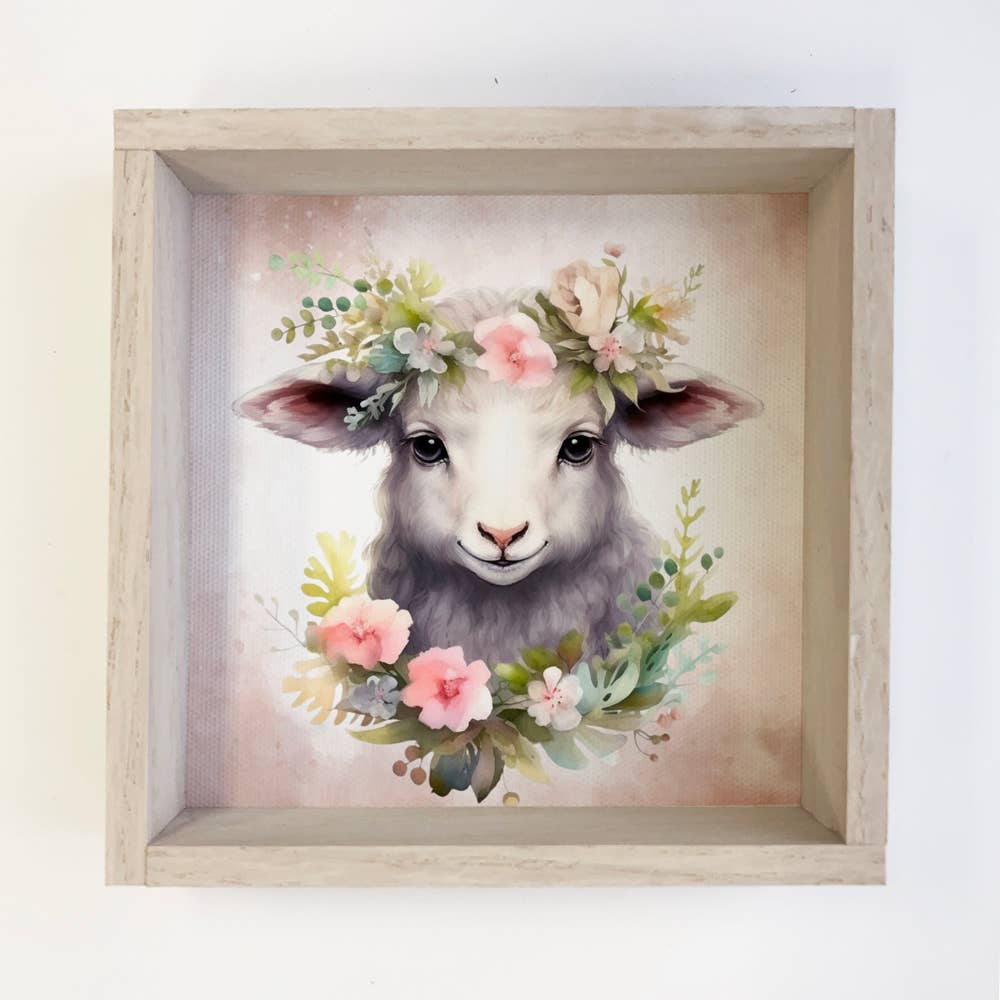 Springtime Flower Lamb - Cute Lamb Canvas Art - Wood Framed