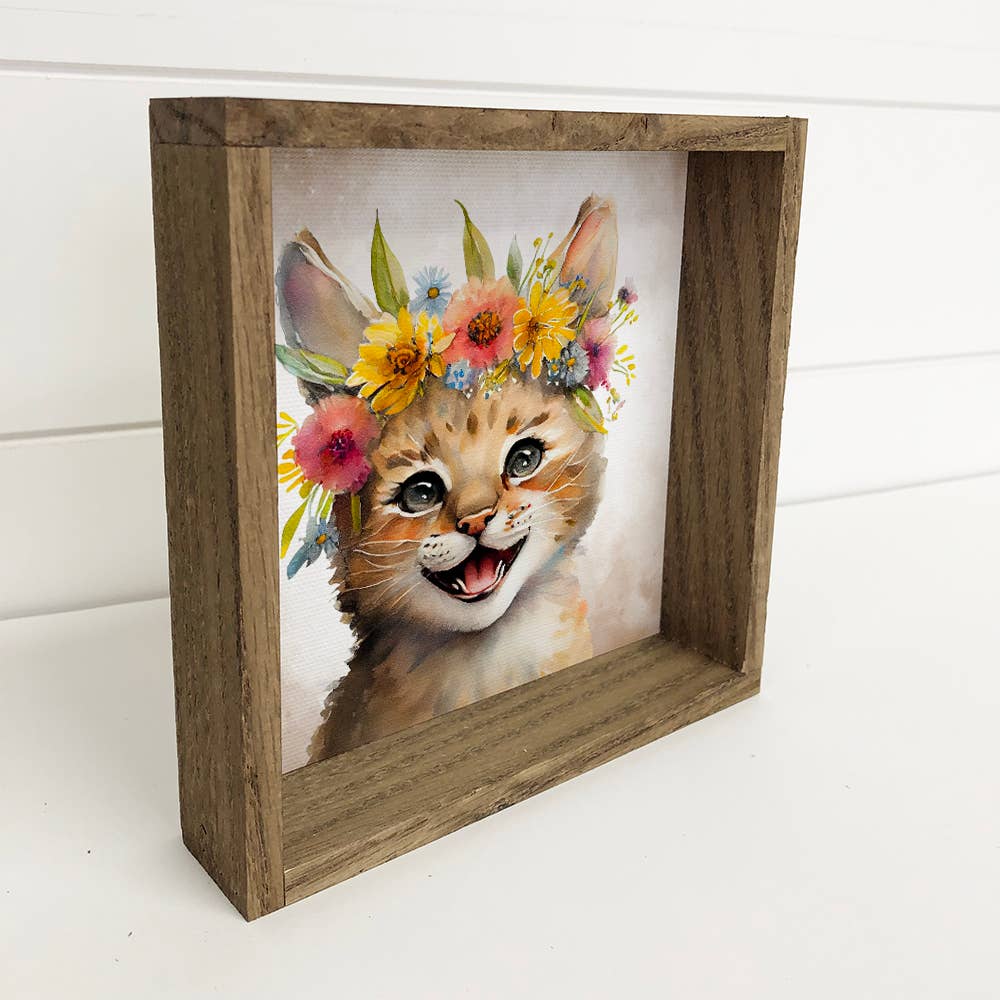 Cute Flower Lynx - Nursery Wall Art with Rustic Wood Frame