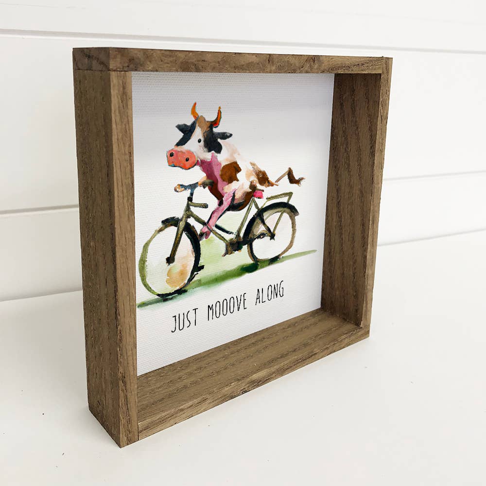 Cow on a Bike - Funny Cow Canvas Art with Aged Wood Frame