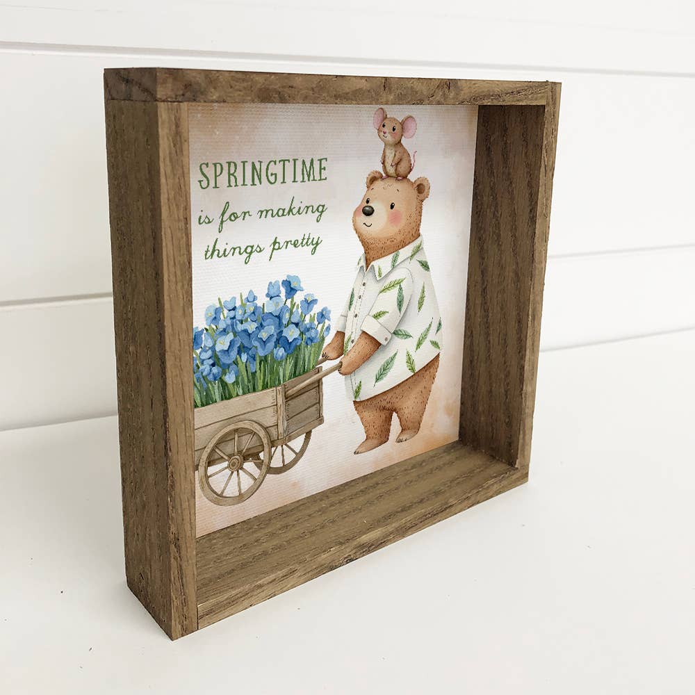 Springtime Bear Wheelbarrow - Cute Bear Canvas Art - Framed