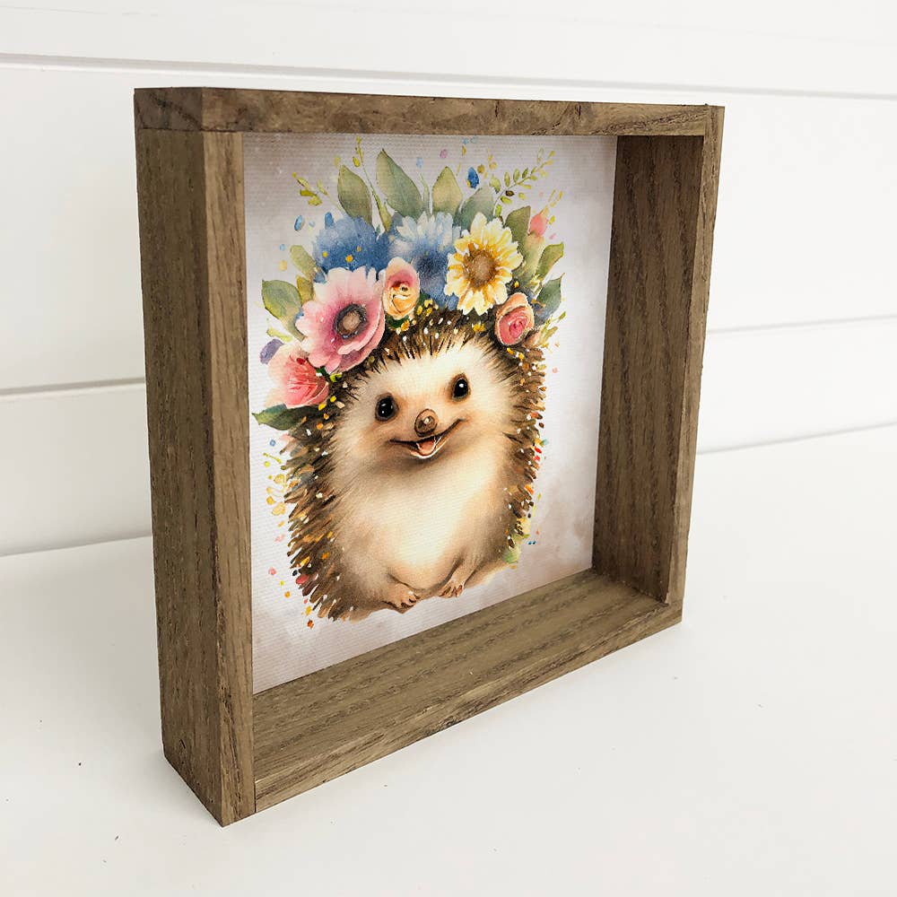 Cute Flower Hedgehog - Nursery Art with Rustic Wood Frame