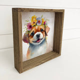 Cute Flower Dog - Nursery Art with Rustic Wood Frame -