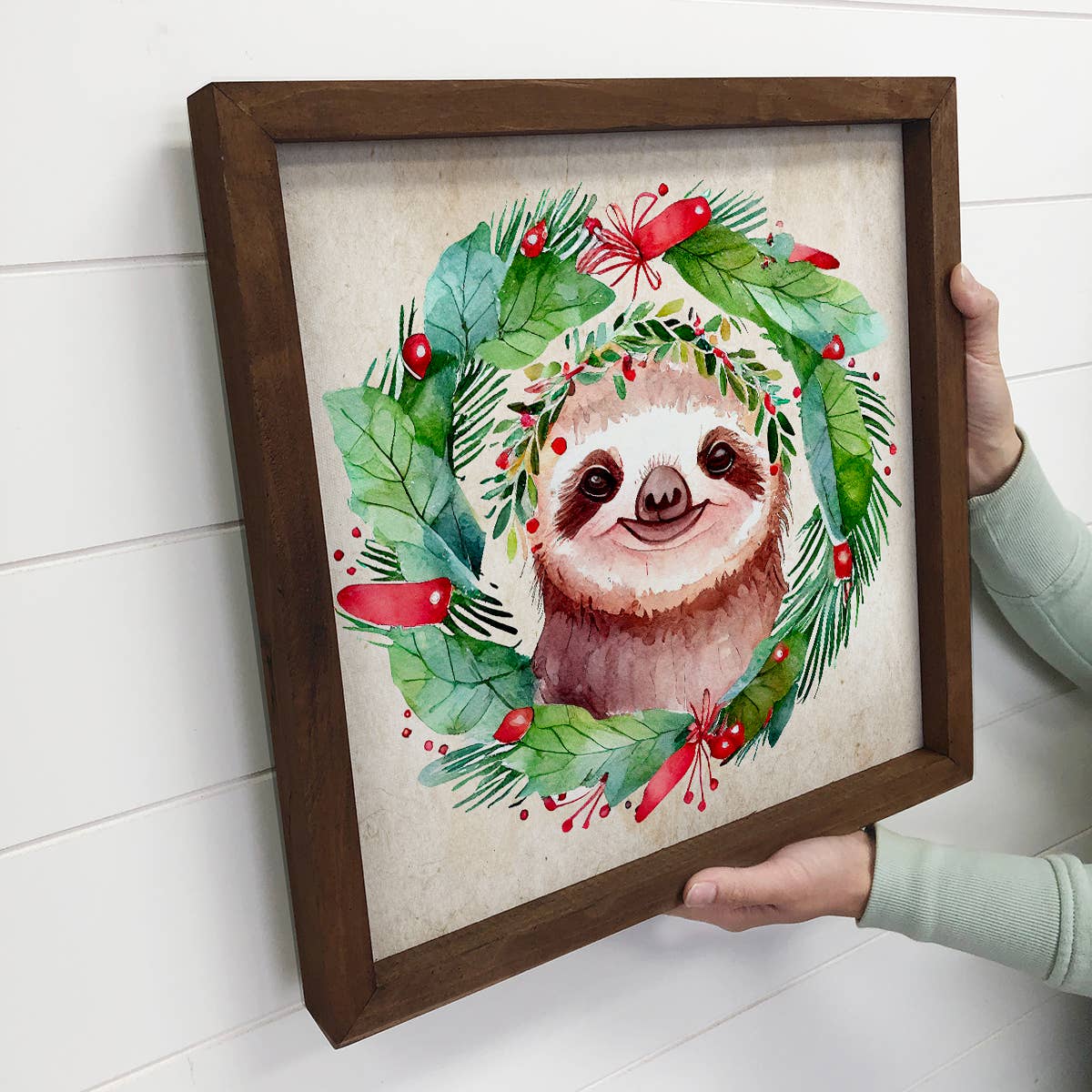 Christmas Wreath Sloth - Cute Holiday Animal - Framed Decor