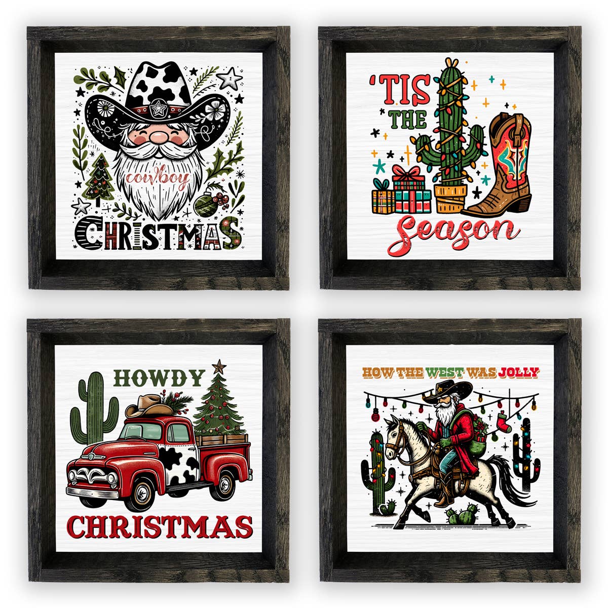 Set of 4 Funky Western Cowboy Christmas Wood Framed Signs