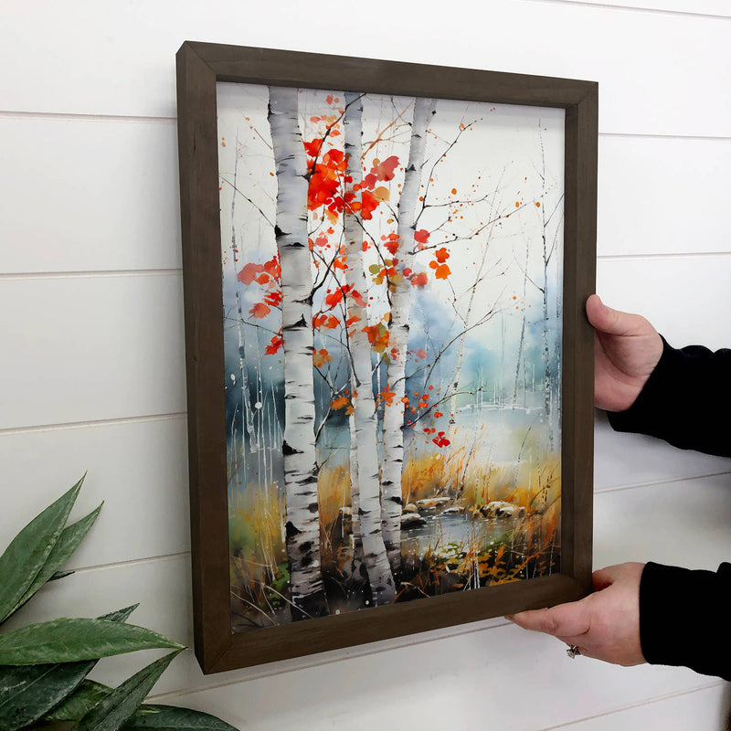 Crimson Birch - Mountain Tree Canvas Art - Wood Framed