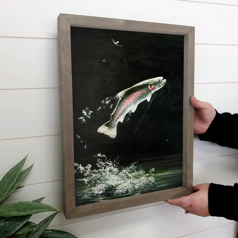 Jumping Trout - Fish Canvas Art - Wood Framed Wall Art