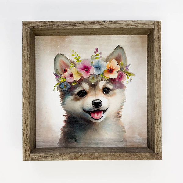 Cute Flower Wolf - Wolf Pup with Flower Crown - Baby Animal