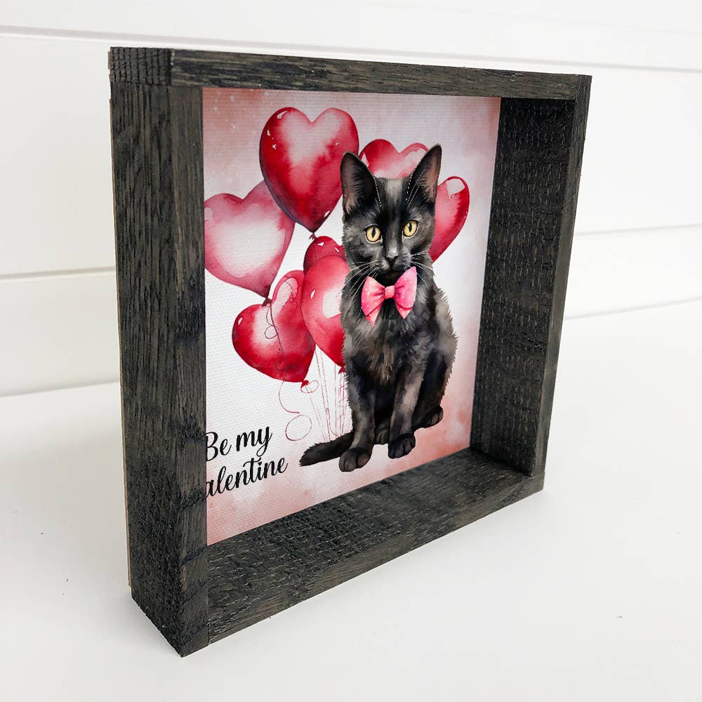 Be My Valentine Black Cat - Cute Cat Canvas Art - Wood Frame