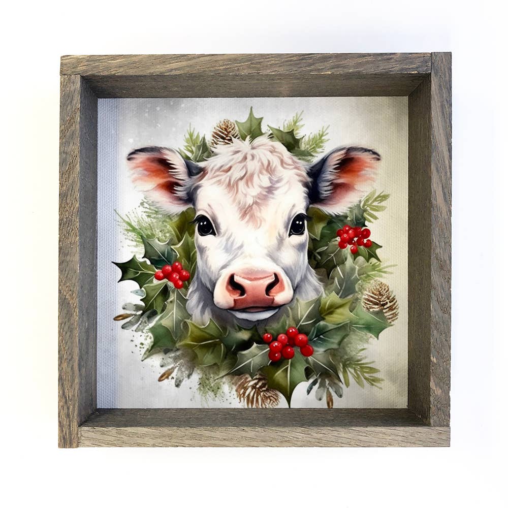 White Cow Christmas - Cute Holiday Animal - Wood Frame Decor