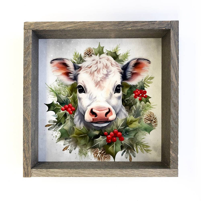 White Cow Christmas - Cute Holiday Animal - Wood Frame Decor