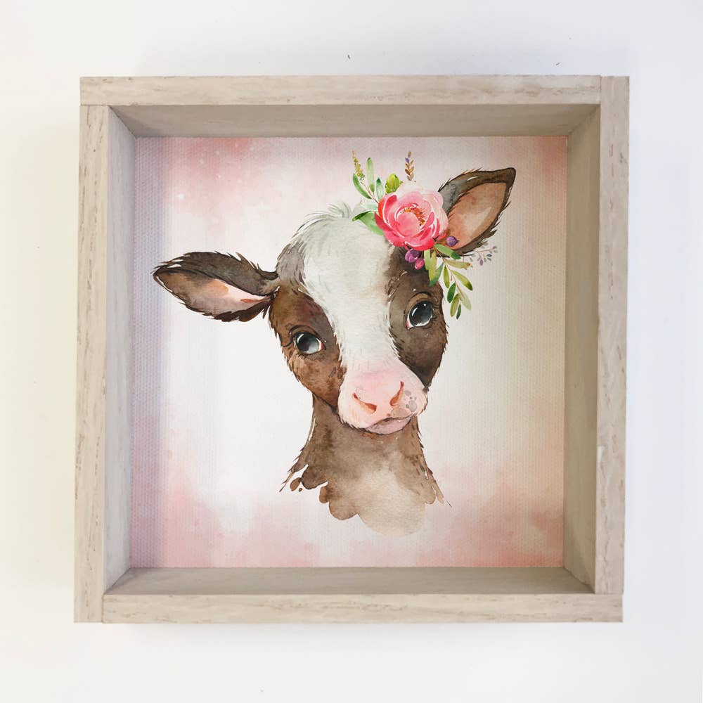 Little Girl Cow Watercolor Small Whitewash Framed Decor