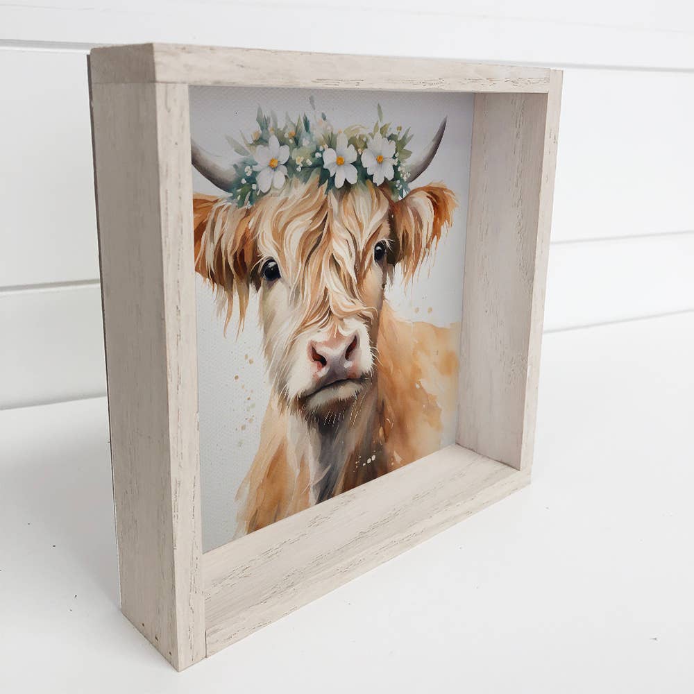 Highland Cow White Flower - Springtime Highland Cow - Framed