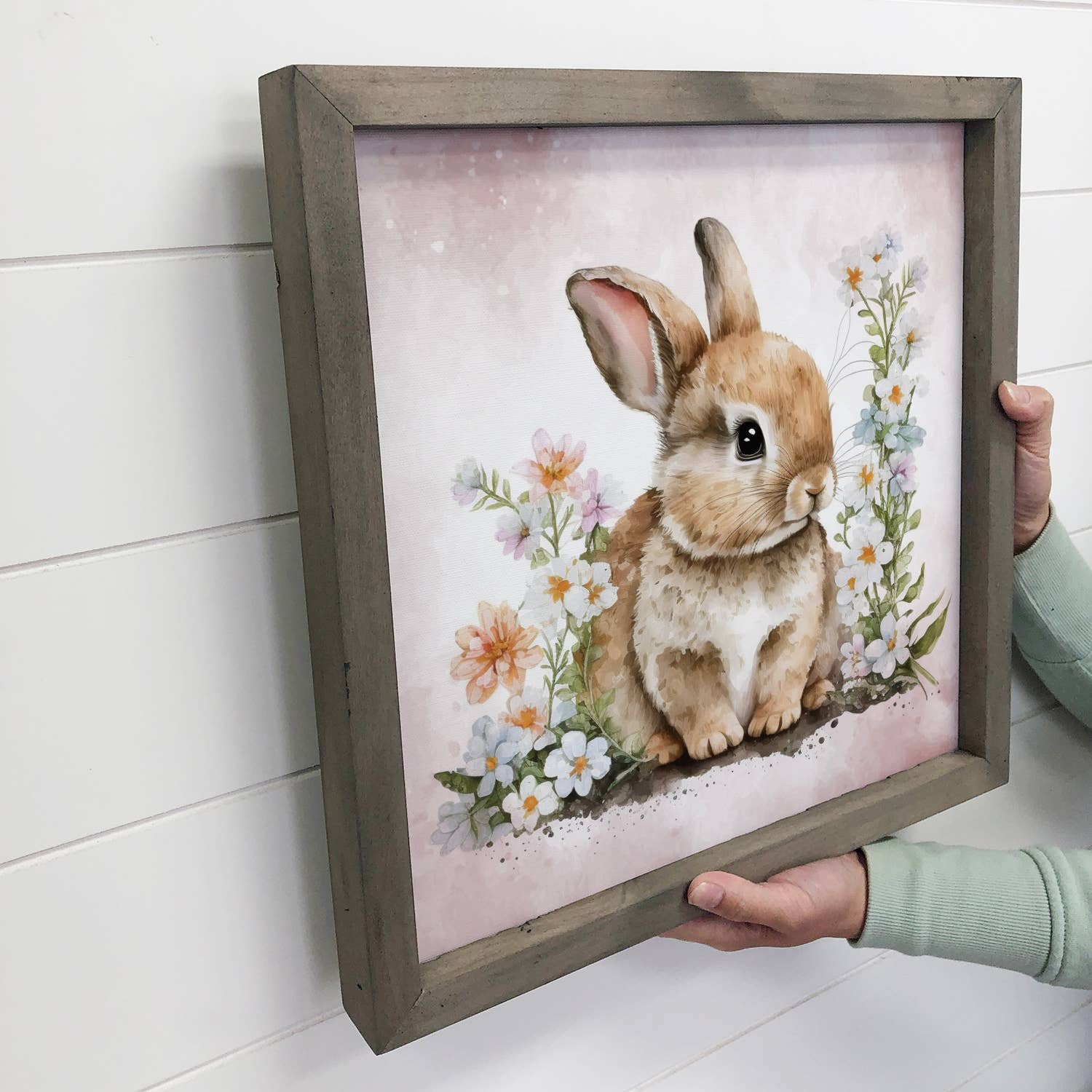 Cute Bunny Blossoms - Spring Time Bunny - Wood Framed Art