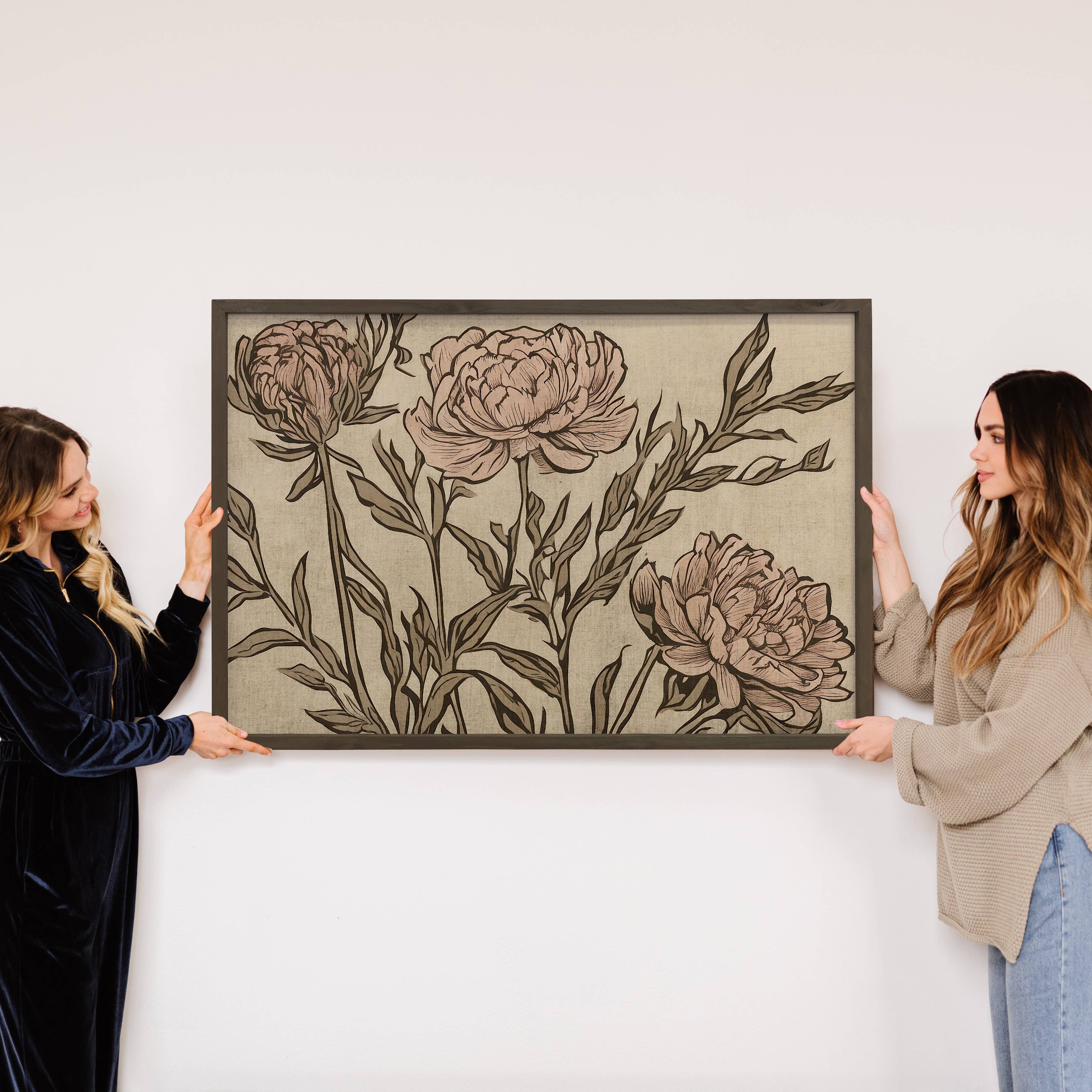 Peony Linocut - Floral Canvas Art - Wood Framed Farmhouse