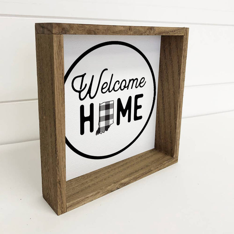 Indiana Wood Sign - Welcome Home Buffalo Plaid Farmhouse Art