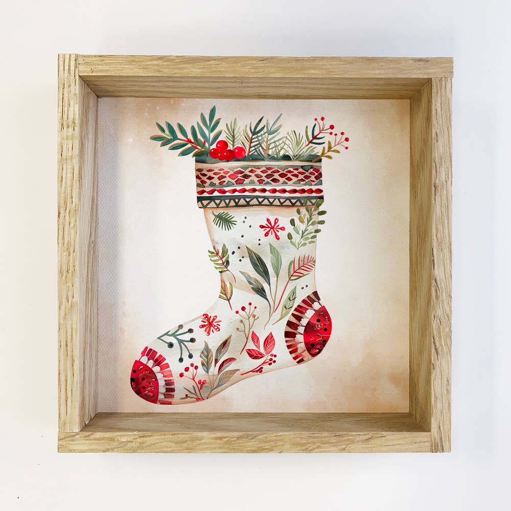 Scandi Watercolor Christmas Stocking - Christmas Canvas Art