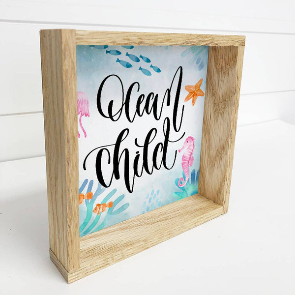 Small Watercolor Ocean Child Canvas with Nautral Frame