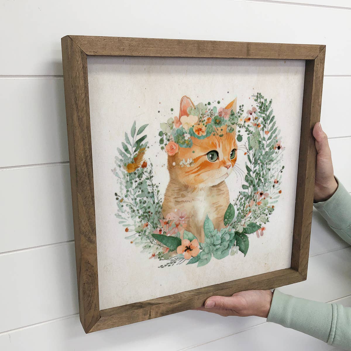 Cat Wreath - Farmhouse Nursery Decor - Canvas and Wood Frame