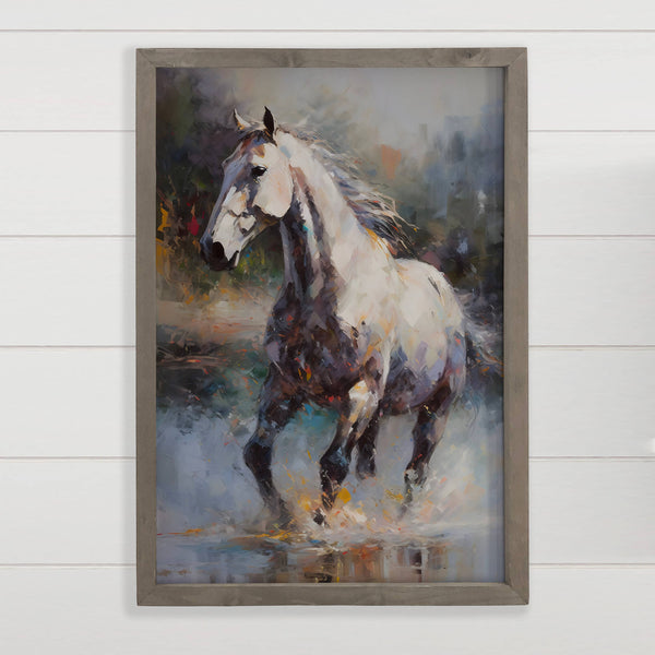 Abstract White Horse - Horse Watercolor Canvas Art - Framed