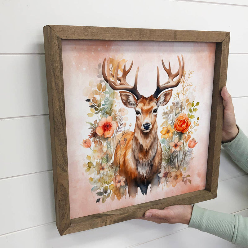 Deer in Wildflowers Wall Art - Wildlife Canvas Art - Framed