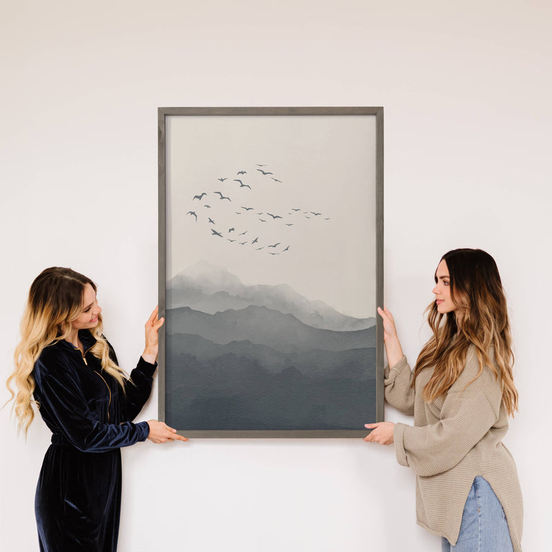 Birds Over Gray Mountain - Nature Canvas Wall Art - Framed