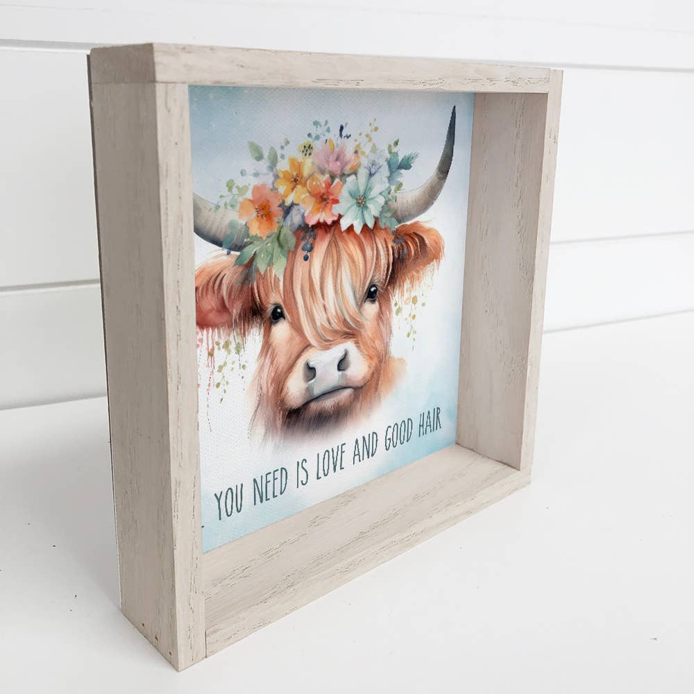 Good Hair Highland Cow - Cute Framed Animal Wall Art - Decor