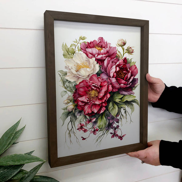 Red Peony Blooms  -Nature Canvas Art - Wood Framed Wall Art