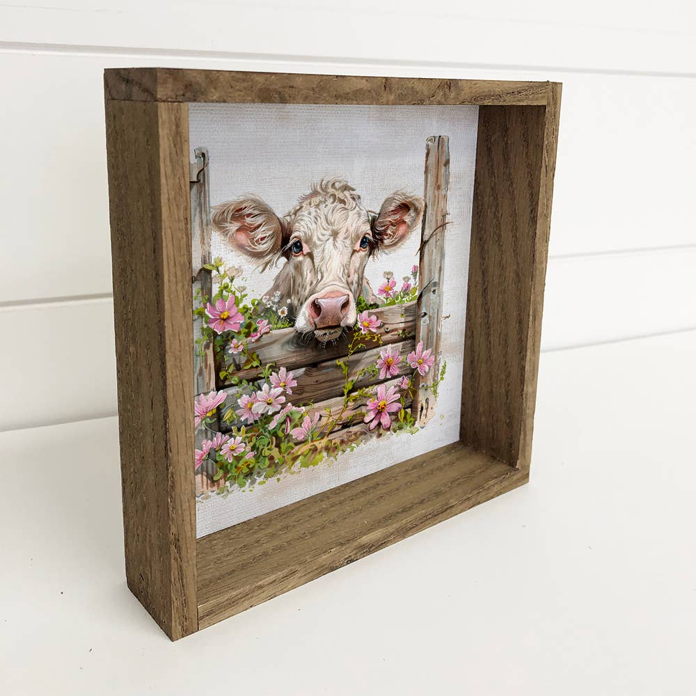 Cow Over Fence with Flowers - Cow Canvas Art - Wood Framed