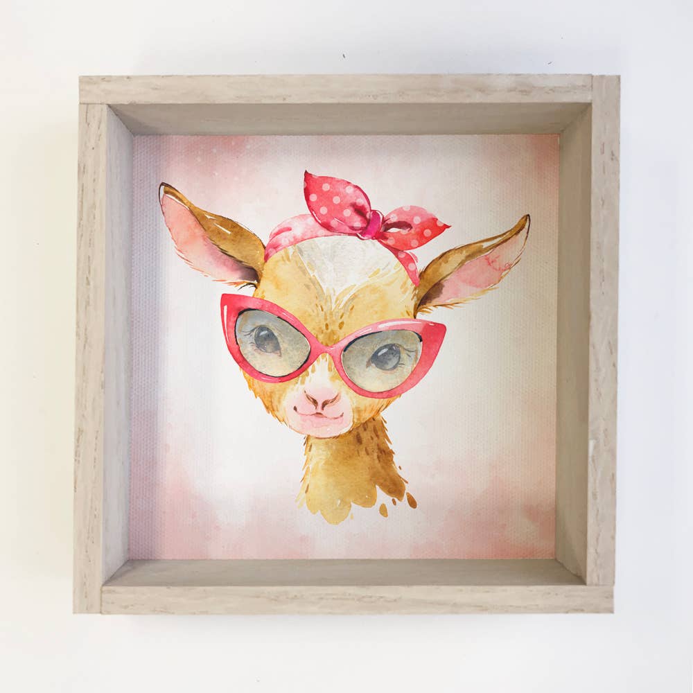 Baby Girl Goat with Sunglasses Whitewash Framed