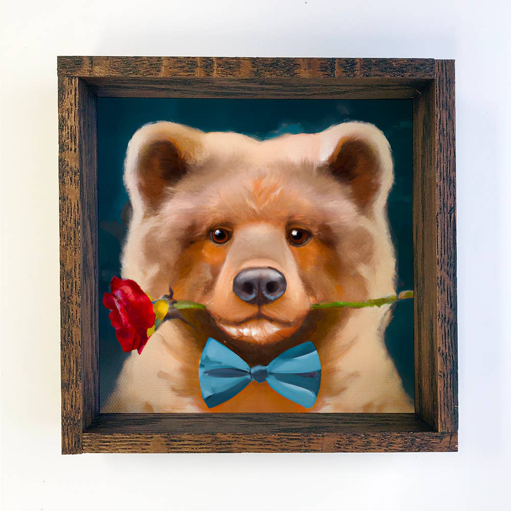 Valentines Day Wood Sign - Bear with A Bowtie & Red Rose