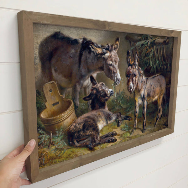 Donkeys in a Stable - Donkey Canvas Art - Wood Framed Decor